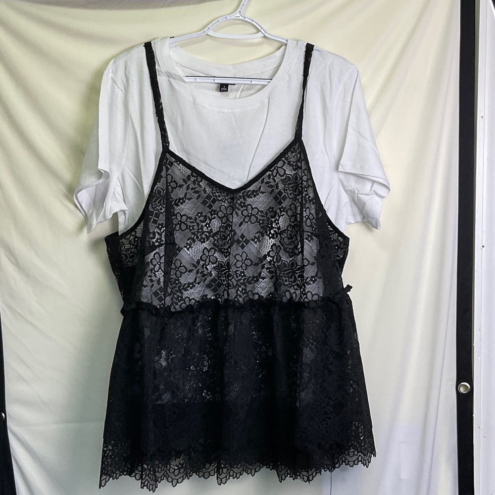 torrid 2fer Black Lace Ruffled Peplum Camisole Over White Tee